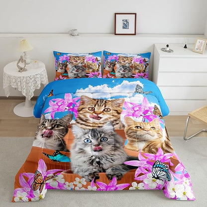 Feelyou Kids Cute Cat Bedding Set Cartoon Pet Cats Kittens Comforter Set Cat Lovers Animal Themed Comforter for Boys Girls Purple Floral Butterflies Print Comforter Room Decor King Size Boys