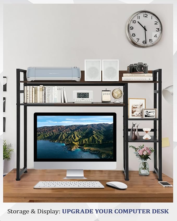 Desktop Bookshelf, 2-Tier Multipurpose Wood Bookcase for Computer Desk, Countertop Storage Hutch Display Rack Organizer for Dorm Office Home - Brown