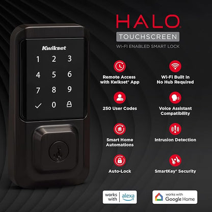 Kwikset Halo Wi-Fi Smart Lock, Keyless Entry Front Door Touchscreen Deadbolt, App Control, Grade AAA Certified, Easy Install No Hub, Venetian Bronze Finish, Digital Remote Lock