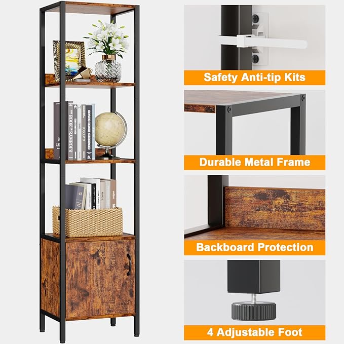 Furologee 5-Tier Bookshelf, Narrow Shelf with Storage Cabinet for Bedroom, Metal and Wood Shelf, Industrial Freestanding Display Tall Shelf for Living Room, Home Office, Bathroom, Rustic Brown