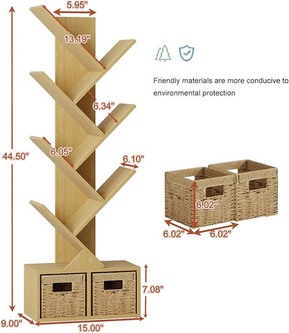 Vagusicc 6 Tier Tree Bookshelf - Retro Shelf Floor Standing Bookcase with Baskets, Tall Wood Book Storage Rack for Books/CDs, Tree Utility Book Organizer Shelves for Living Room, Home Office, Bedroom