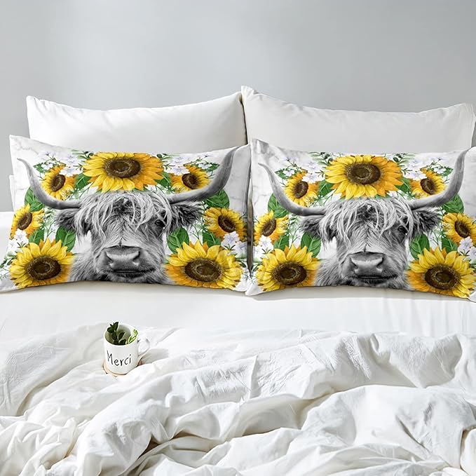 Highland Cow Comforter Set Full Sunflowers Art Down Comforter Rustic Bull Cattle Bedding Set For Kids Boys Girls Adult Farmhouse Western Funny Animal Wild Theme Duvet Set Grey Marble Comforter