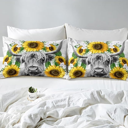 Highland Cow Comforter Set Twin Sunflowers Art Down Comforter Rustic Bull Cattle Bedding Set For Kids Boys Girls Adult Farmhouse Western Funny Animal Wild Theme Duvet Set Grey Marble Comforter