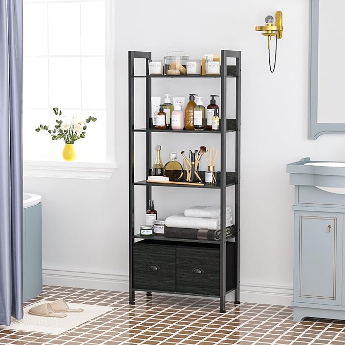 Furologee 5-Tier Bookshelf, Tall Bookcase with 2 Storage Drawers, Industrial Display Standing Shelf Units, Wood and Metal Storage Shelf for Living Room, Bedroom, Home Office, Black Oak
