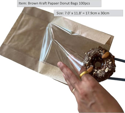 100 Pcs cozymomdeco Korean Made Bakery Bags with Window, Paper Sandwich Bags, Donut To Go, Bakery for Treat, Snack, Cookie Packaging Pastry Bags (Brown) (Large)
