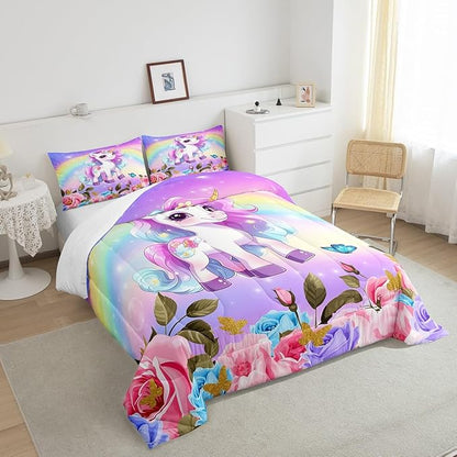 Cute Unicorn Kids Comforter Set Queen Size,Rainbow Starry Sky Roses Dreamy Bedding Set,Girls Women Room Decor,Cartoon Animals Flowers Down Comforter,Pink Purple Unique Duvet Insert,2 Pillowcases