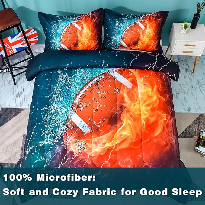 Ondency Football Comforter Set Full (79x90 Inch), 3 Pieces(1 Football Comforter, 2 Pillowcases) 3D Sport Microfiber Football Comforter Set Bedding Set for Boys Kids