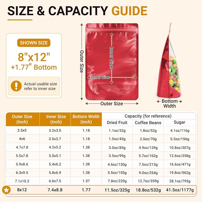 ANZNKU 100PCS Mylar Bags Resealable Large Smell Proof Bags(Red, 8x12) | Stand Up Foil Pouches Clear Window, Sealable Bags for Small Business Packaging Snack Party Favors Candy Treats Food Storage