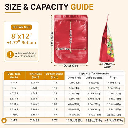 ANZNKU 100PCS Mylar Bags Resealable Large Smell Proof Bags(Red, 8x12) | Stand Up Foil Pouches Clear Window, Sealable Bags for Small Business Packaging Snack Party Favors Candy Treats Food Storage