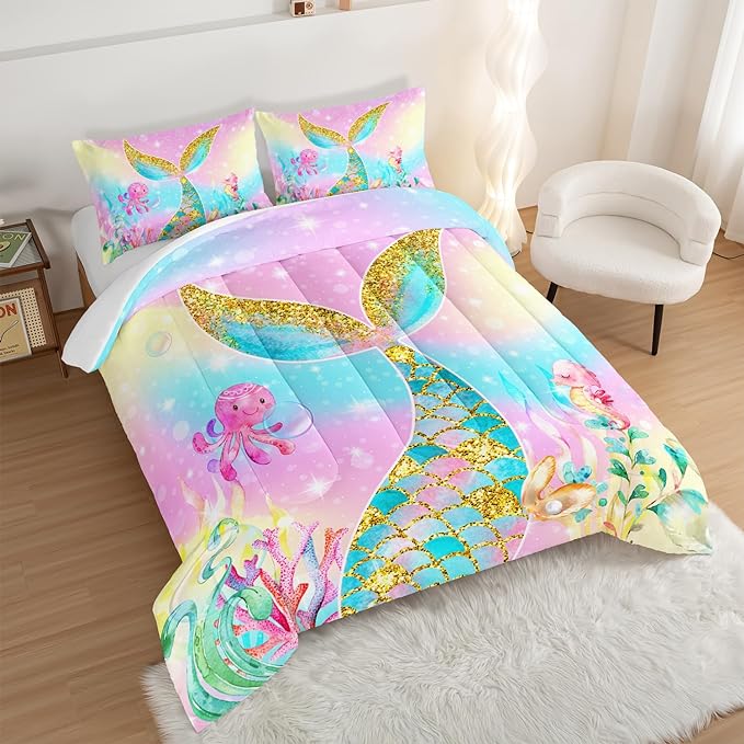 HOSIMA Mermaid Comforter with 2 Pillowcases,Girly Rainbow Bedding Set Mermaid Tail Comforter,Glitter Gold Fish Scales King Size Comforter Set,Cute Sea Animal Octopus Seahorse Comforter.