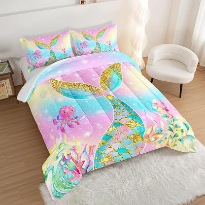 HOSIMA Mermaid Comforter with 2 Pillowcases,Girly Rainbow Bedding Set Mermaid Tail Comforter,Glitter Gold Fish Scales Queen Comforter Set,Cute Sea Animal Octopus Seahorse Comforter for Kids Teens.