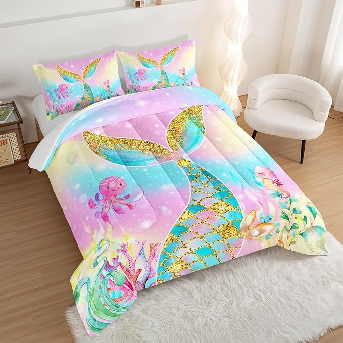 HOSIMA Mermaid Comforter with 2 Pillowcases,Girly Rainbow Bedding Set Mermaid Tail Comforter,Glitter Gold Fish Scales Full Size Bed in a Bag Set,Cute Sea Animal Octopus Seahorse Comforter.