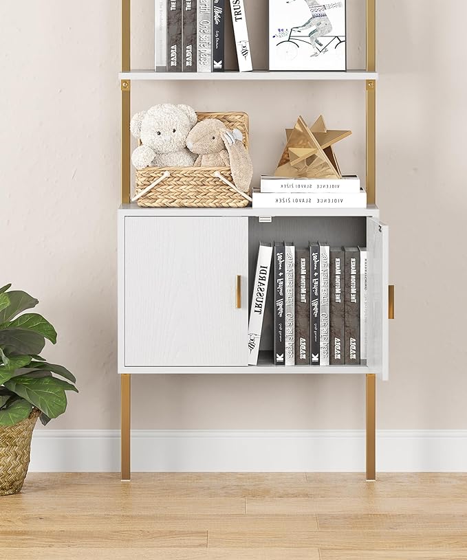 Gadroad Ladder Bookshef with Cabinet, Wall Mounted Bookcases, 5 Tier Tall Open Display Rack, 73" Metal Industrial Bookshelf, Storage Shelves for Livingroom, Home Office, Gold