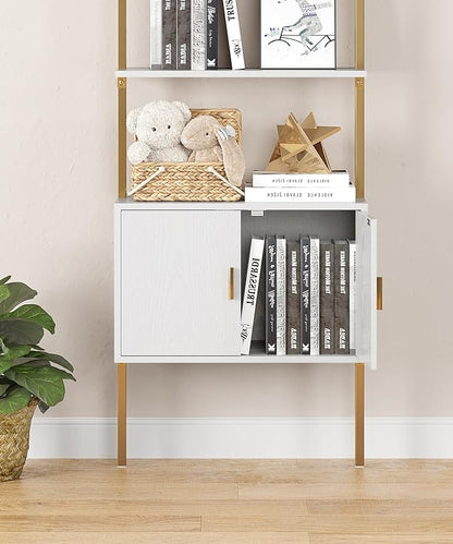 Gadroad Ladder Bookshef with Cabinet, Wall Mounted Bookcases, 5 Tier Tall Open Display Rack, 73" Metal Industrial Bookshelf, Storage Shelves for Livingroom, Home Office, Gold