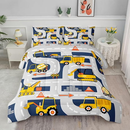Axolotl Cartoon Excavator Bedding Set Full,Tractor Truck Bedding Set,Boys Construction Bedding Set,Yellow Vehicles Truck Comforter Construction Site Decor for Kids Boys Teens,1 Quilt 2 Pillowcases