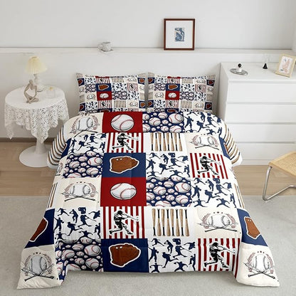 Erosebridal Kids Baseball Queen Comforter Set for Boys,Teen Baseball Athlete Bedding Set Room Decor Sports Theme Bed Comforter Sets Baseball Bat Gloves Quilt Duvet with 2 Pillow Cases Red Navy Blue