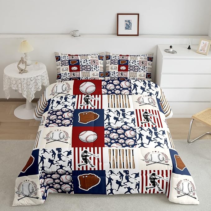Erosebridal Kids Baseball Twin Comforter Set for Boys,Teen Baseball Athlete Bedding Set Room Decor Sports Theme Bed Comforter Sets Baseball Bat Gloves Quilt Duvet with 1 Pillow Case Red Navy Blue