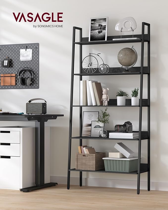 VASAGLE Bookshelf, 5-Tier Bookcase, Ladder Shelf for Home Office, Living Room, Bedroom, Kitchen, Ebony Black and Ink Black ULLS129B56