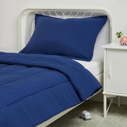 Amazon Basics 2 Piece Microfiber Kid's Comforter and Pillow Sham Set, Toddler, Navy, Solid
