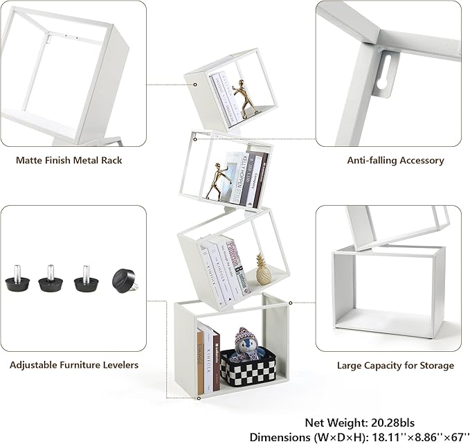 Bookshelf, 4-Tier Bookshelves, 49.2" Tall White Bookshelf, Book Shelf, Bookcase, Modern Book Storage, Storage Shelves for CDs/Books/Home Decor, Display Shelf for Living Room, Bedroom, Office