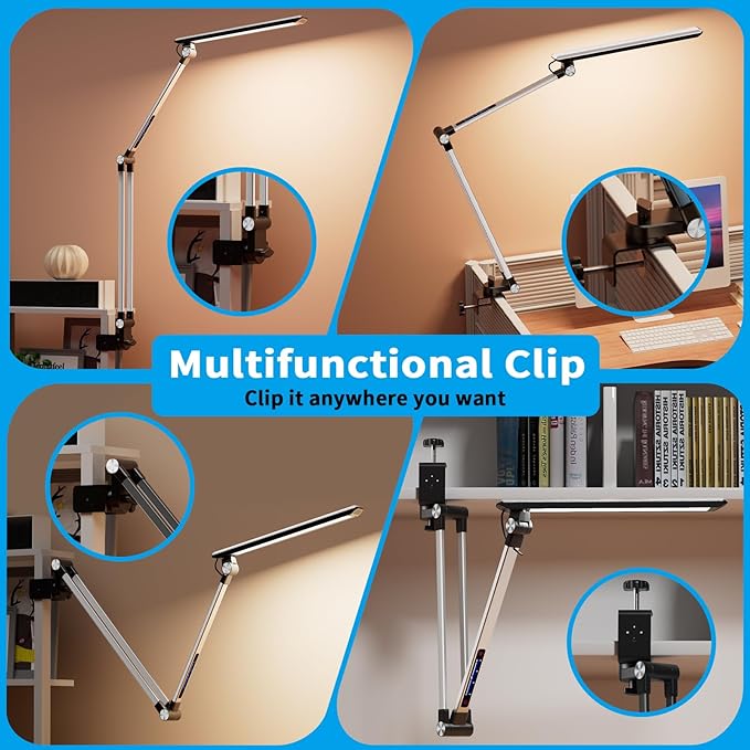 LED Desk Lamp,Swing arm with clamp11W,10 Color Modes Touch Control,Table Lamps with 10 Levels Brightness,Reading Desk Lamps 360 Degree Spin with USB Adapter & Memory Function Silver