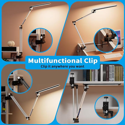 LED Desk Lamp,Swing arm with clamp11W,10 Color Modes Touch Control,Table Lamps with 10 Levels Brightness,Reading Desk Lamps 360 Degree Spin with USB Adapter & Memory Function Silver