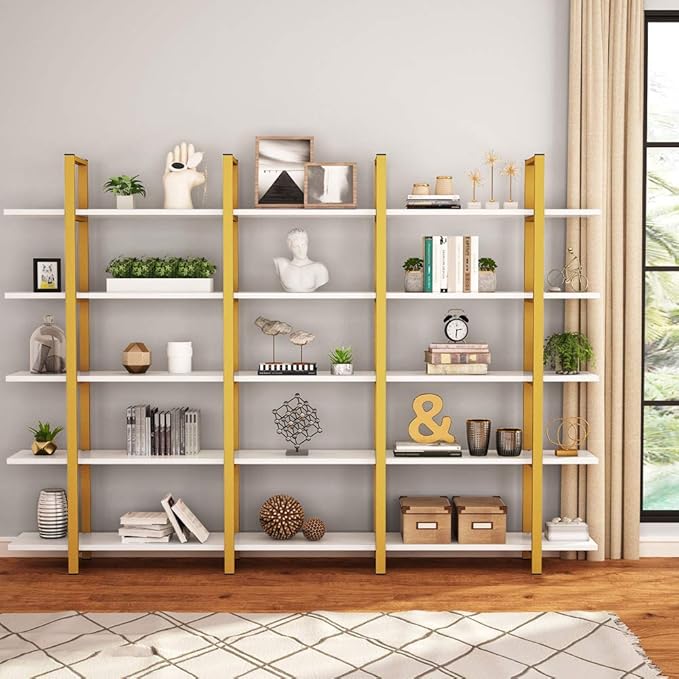 Tribesigns 5-Tier Bookshelf, Vintage Industrial Style Bookcase 70 ‘’ H x 12’’ W x 47’’L, Gold
