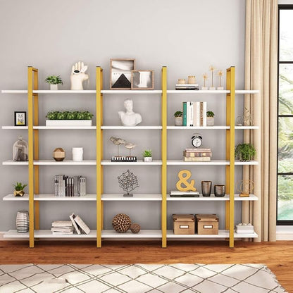 Tribesigns 5-Tier Bookshelf, Vintage Industrial Style Bookcase 70 ‘’ H x 12’’ W x 47’’L, Gold