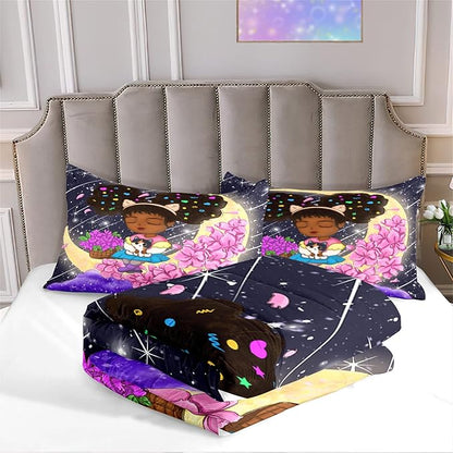 African American Girls Comforter Set Full Size for Girls Bedroom Full Size Afro Girls Bedding Sets for Girls Lovely Black Girls Comforter Set Cute Princess Bedding Set, 1 Comforter + 2 Pillowcases