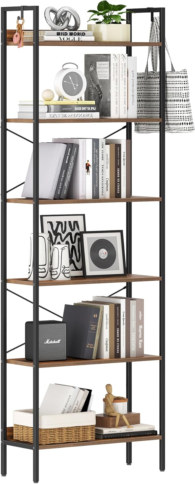 Bookshelf, Book Shelf, Industrial Bookcase with 2 Hooks, Coner Shelf Storage Organizer for Home Office, Living Room, Bedroom, Kitchen, 6-Tier Rustic Brown BC22701B