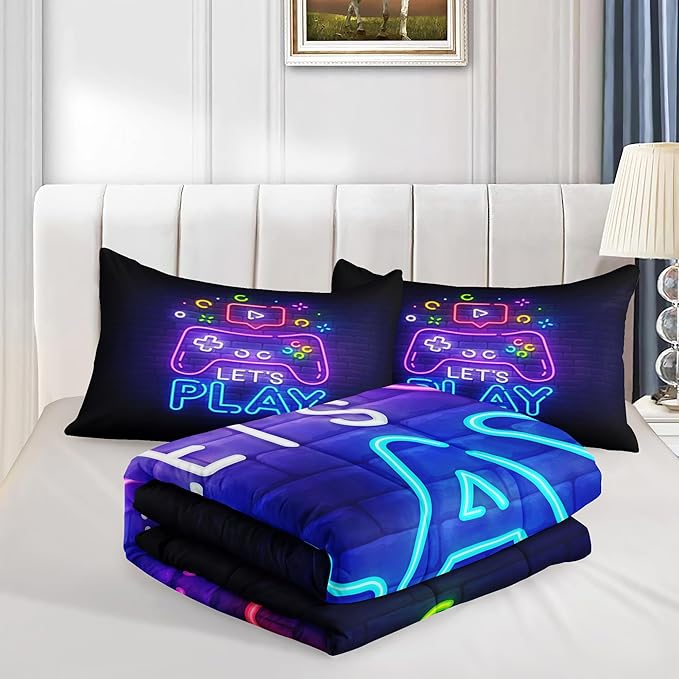 6 PCS Gamer Queen Comforter Sets,Queen Purple Bedding Sets for Boys,Gaming Comforter Set,Queen Size Bedding Sets for Boys,Bed in A Bag with Sheets(Queen,Purple Color)