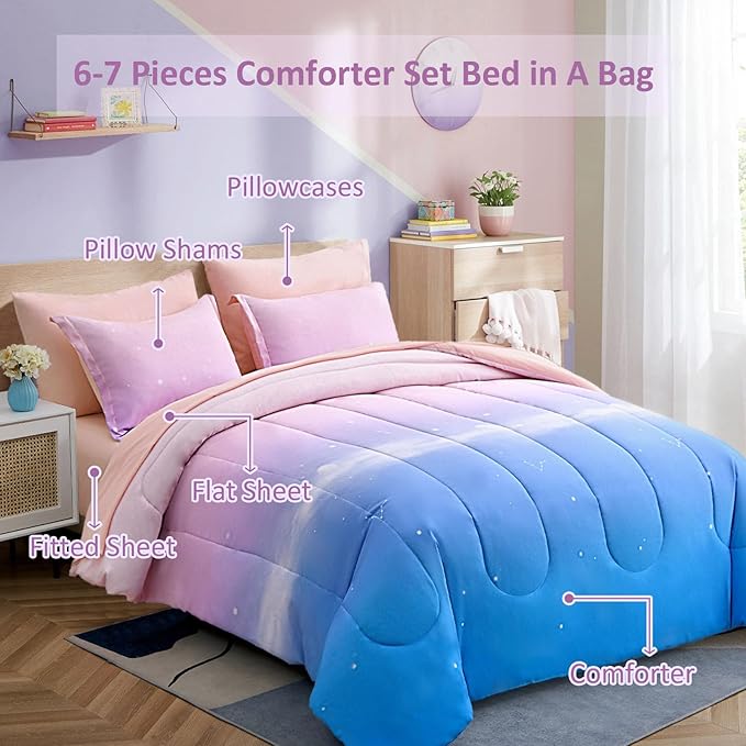 Dinjoy Girls Comforter Set Queen Size Colorful Rainbow Ombre Pink Blue Bedding Set Gradient 7 Pieces Bed in A Bag for Kids Teen Girl Women(1 Comforter, 1 Flat Sheet, 1 Fitted Sheet)
