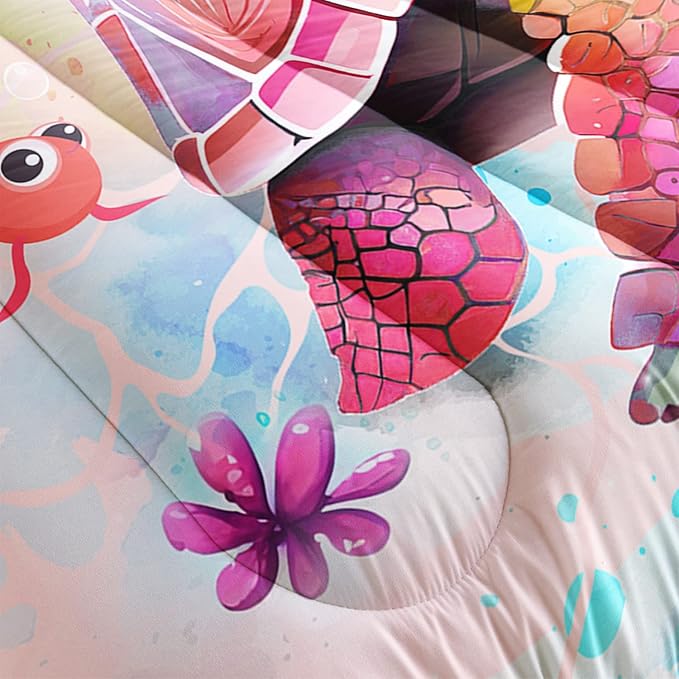 CVHOUSE Kawaii Sea Turtle Comforter Set Queen Size,Ocean Theme Bedding Set for Girls Kids,Tie Die Turtle Quilt Set Ocean Turtle Duvet Set Ocean Decor 3 Pieces