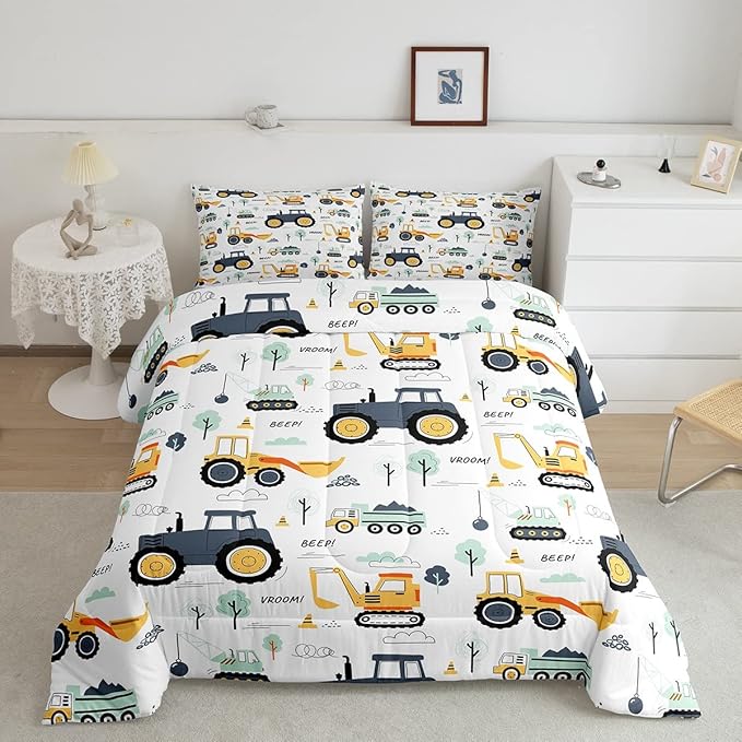 Cartoon Cars Kids Comforter Set Tractor Boys Comforter Cute Excavator Decor Kawaii Soft Bedding Set Cartoon Trees Cars Colorful All Season Quilt Room 3Pcs Full Size Boys