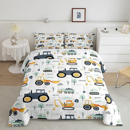 Cartoon Cars Kids Comforter Set Tractor Boys Comforter Cute Excavator Decor Kawaii Soft Bedding Set Cartoon Trees Cars Colorful All Season Quilt Room 3Pcs Full Size Boys