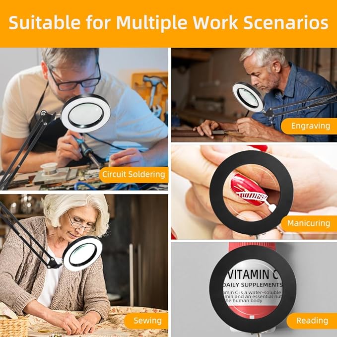 CANMEIJIA 10X Magnifying Glass with Light and Stand,5 Color Modes Stepless Dimmable Clamp on Desk Lamp,2-in-1 Hands-Free Magnifier Lamp for Craft,Painting,Soldering,Hobby,Sewing,Close Work,Reading