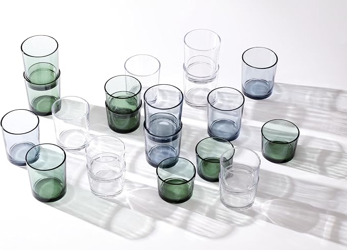 Oneida Stackables Blue Drinking Glasses, Set of 12 | glass, dishwasher safe | 6 short 8.5oz and 6 tall 14oz glasses | vibrant blue stackable design | 2.5 inch