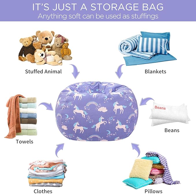 Aubliss Stuffed Animal Storage Bean Bag, Unicorn Bean bag Chair, Stuff 'n Sit for Kids, Large 38"-Canvas Unicorn Blue