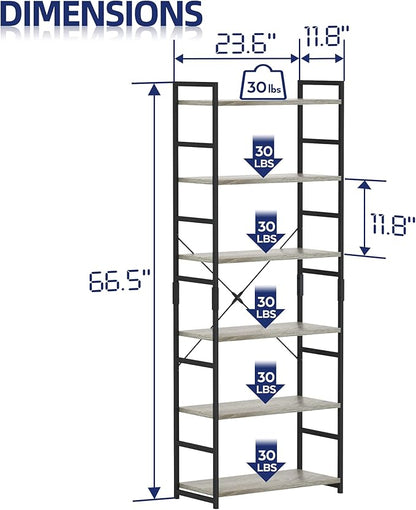 NUMENN 6 Tier Bookshelf, Tall Bookcase Shelf Storage Organizer, Modern Book Shelf for Bedroom, Living Room and Home Office, Grey