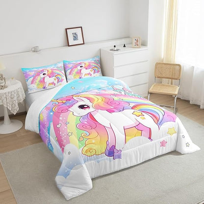 Manfei Cute Unicorn Kids Comforter Set Queen Size,Rainbow Stars Cloud Dreamy Bedding Set,Girls Women Room Decor,Cartoon Animals Castle Girly Down Comforter,Pink Blue Unique Duvet Insert,2 Pillowcases