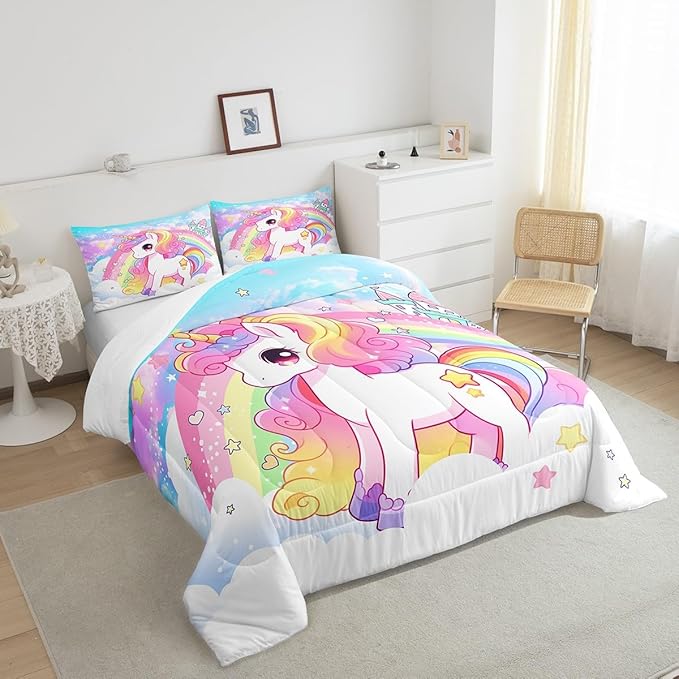 Manfei Cute Unicorn Kids Comforter Set Full Size,Rainbow Stars Cloud Dreamy Bedding Set,Girls Women Room Decor,Cartoon Animals Castle Girly Down Comforter,Pink Blue Unique Duvet Insert,2 Pillowcases