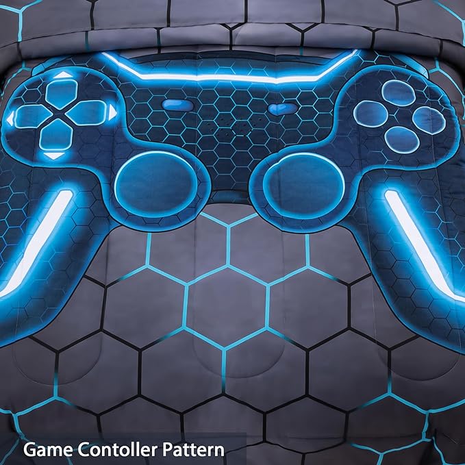 8Pcs Game Console Comforter Set with Sheets for Boys Girls Kids Teens, Geometric Gaming Themed Bed in A Bag Full Size, Blue 3D Video Gamer Controller Bedroom Decor Bedding Set-Blue