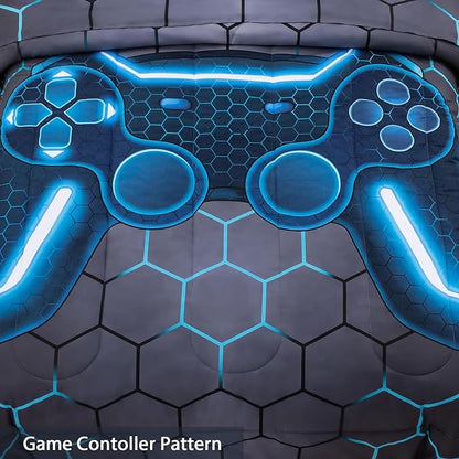 8Pcs Game Console Comforter Set with Sheets for Boys Girls Kids Teens, Geometric Gaming Themed Bed in A Bag Full Size, Blue 3D Video Gamer Controller Bedroom Decor Bedding Set-Blue