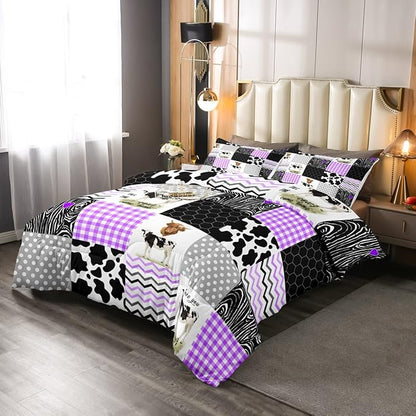 Erosebridal Cute Cow Print Comforter Set Queen Size Kawaii Highland Cow Bedding Set Bedroom Decor Honeycomb Plaid Pattern Geometric Stripes Down Comforter Farm Animals Duvet Set, Purple Black Grey