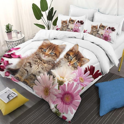Cat Comforter Set Twin Size for Kids Pink Flowers Cats 3Pcs Bedding Set for boys and Girls (1Summer Comforter+ 2 Pillowcases) Lovely Animal Pets Duvet Set