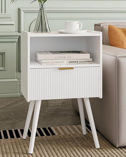 Nightstand,Modern Bedside Table with Storage Drawer and Open Wood Shelf, Accent Night Stand with Solid Wood Legs for Living Room, Bedroom and Small Spaces,Easy Assembly (White)