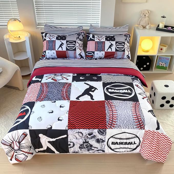 7 Piece Baseball Comforter Set Bed in A Bag Twin Size 3D Softball Sports Bedding Set for Boys Kids Microfiber Comforter All Season (1 Comforter, 1 Flat Sheet, 1 Fitted Sheet, 4 Pillowcase)