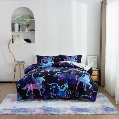 Meeting Story Dinosaur Comforter Set, Fluorescence Gradation Unicorn Twin Comforter Set, 3 PCS 1 Comforter and 2 Pillowcases in One Bag, All Season Bedspread for Kids Teens Adults（Full）