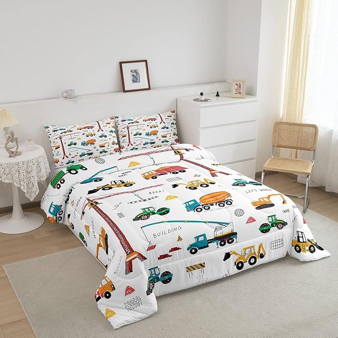 Feelyou Heavy Machinery Truck Bedding Set Tractor Crane Comforter Set for Kids Boys Girls Youth Construction Site Comforter Nursery Decor Quilt Set Room 3Pcs Queen Size