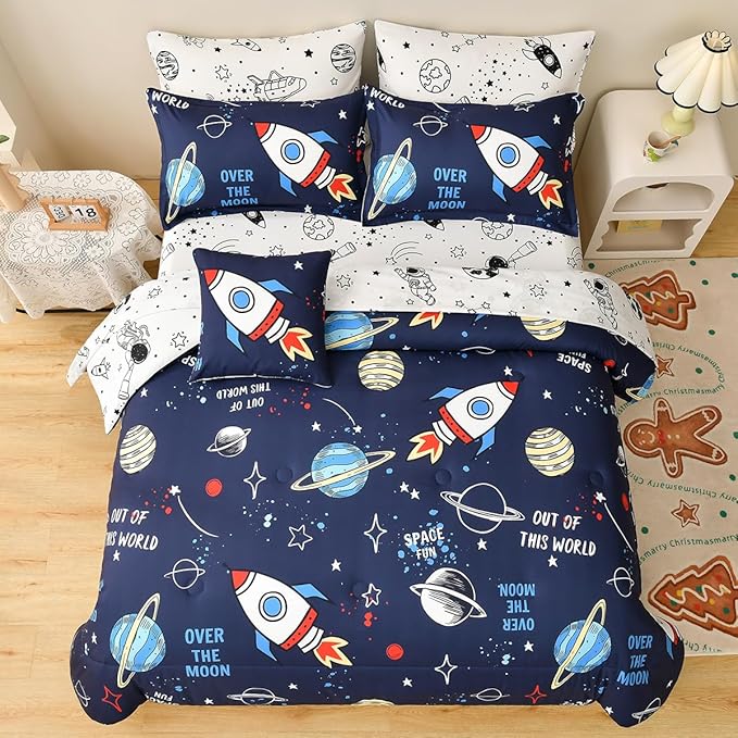 Rocket Comforter Set Full Size, 8 Piece Bed in a Bag Space Bedding Sets for Boys Girls Kids